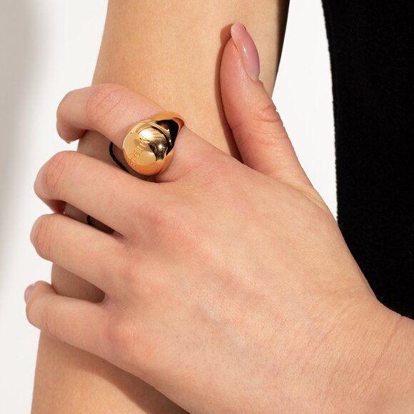 Versace Gold Color Metal Logo Engraved Statement Ring Sz 23